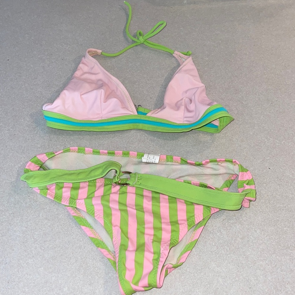 Pink & green pastel strip with belt medium bikini